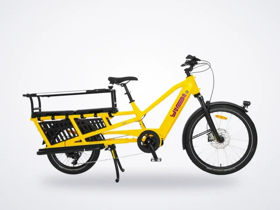 Yuba Spicy Curry Longtail Electric Cargo Bike Hello Yellow Family Edition